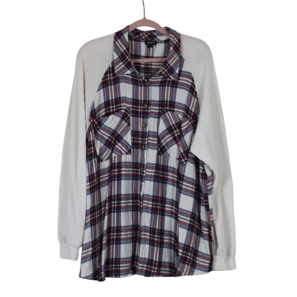 Torrid Grunge Cabincore Button Up Plaid Front & Thermal Knit Sleeves Top 3X